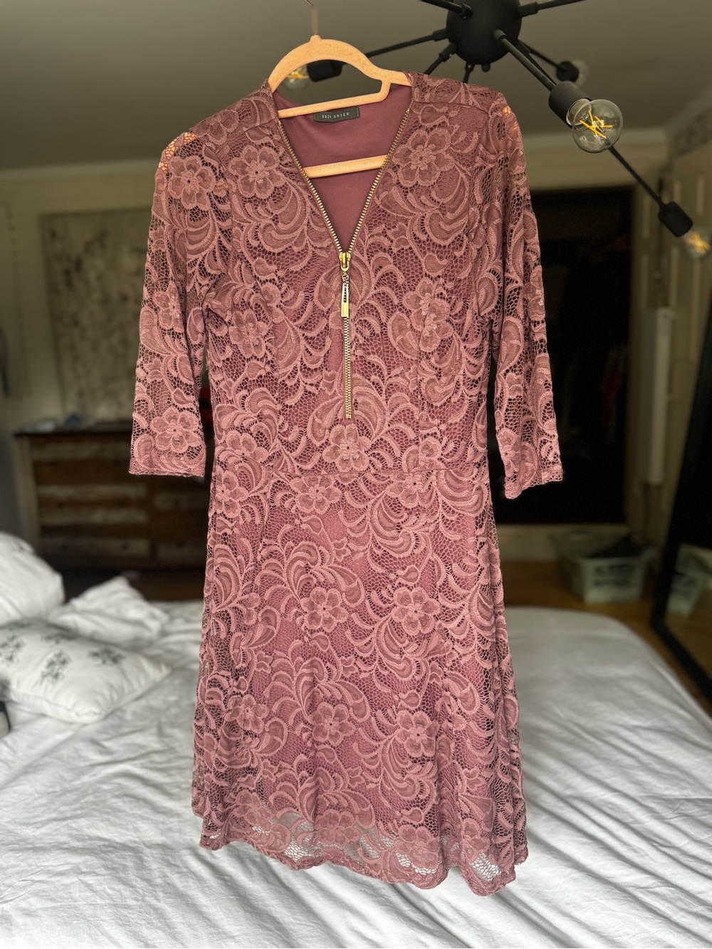 Suzy Shier Dusty Rose Lace Zip Dress
